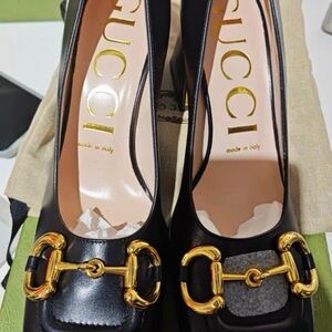 Gucci Black Leather Heels with Gold Horsebit
